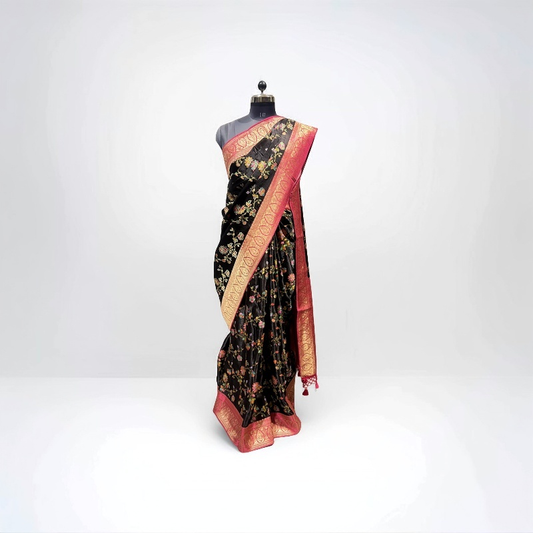 Black Kanni Silk Saree with Pink Golden Zari Border - Anita Jain Fashions