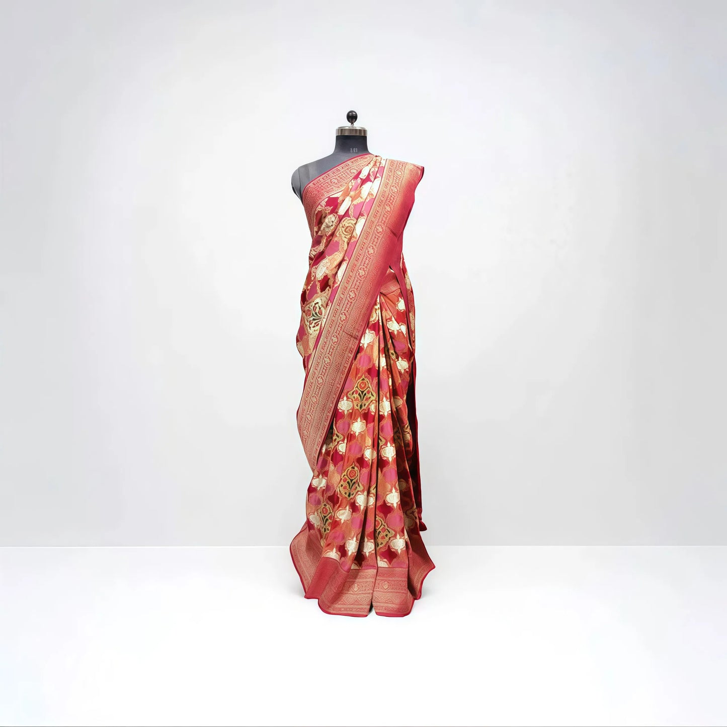 Rust Red Kanni Silk Saree with Golden Floral Motifs - Anita Jain Fashions