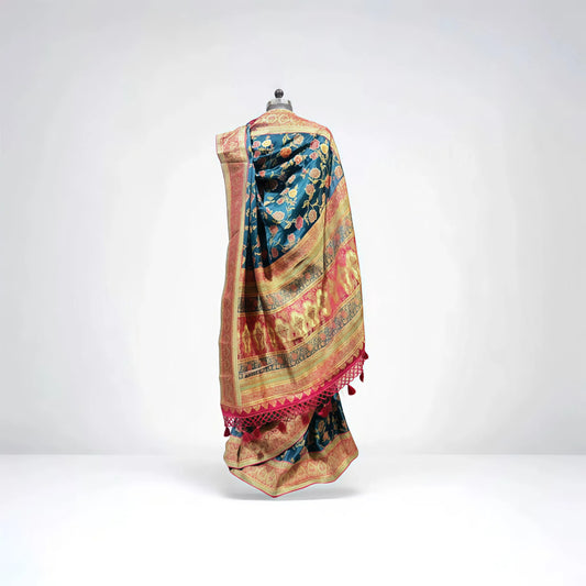 Deep Teal Kanni Silk Saree with Golden Zari Border - Anita Jain Fashions