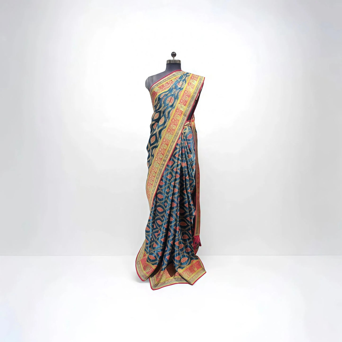 Teal Blue Kanni Silk Saree with Red-Golden Zari Border - Anita Jain Fashions