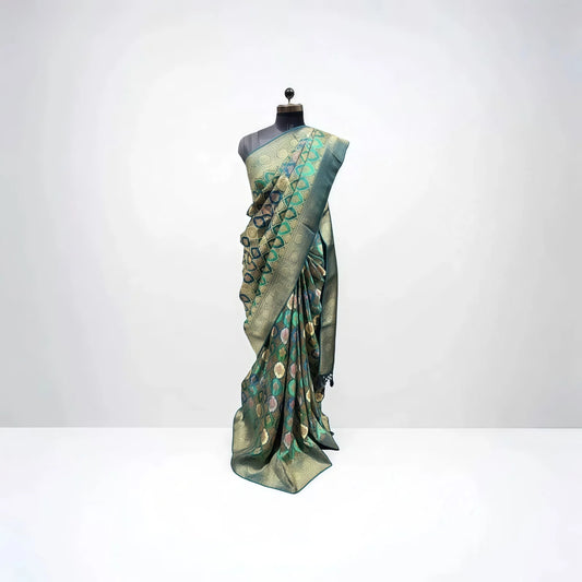 Kani Rangart Banarasi Silk Saree – Teal & Gold - Anita Jain Fashions