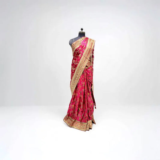 Magenta Pink Kanni Silk Saree with Golden Zari Border - Anita Jain Fashions