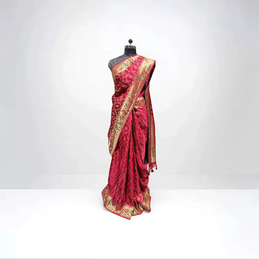 Magenta Kani Rangart Banarasi Silk Saree – Multicolor Zari Border - Anita Jain Fashions