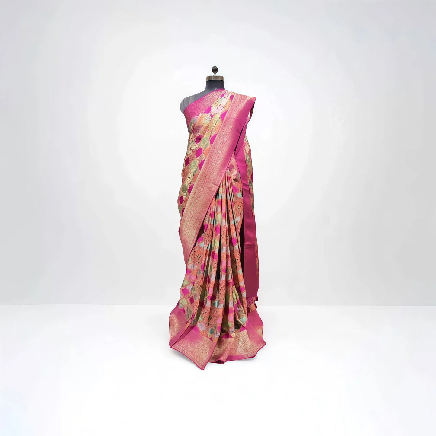 Pink Kani Rangart Digital Banarasi Saree – Multicolour Floral Weave - Anita Jain Fashions