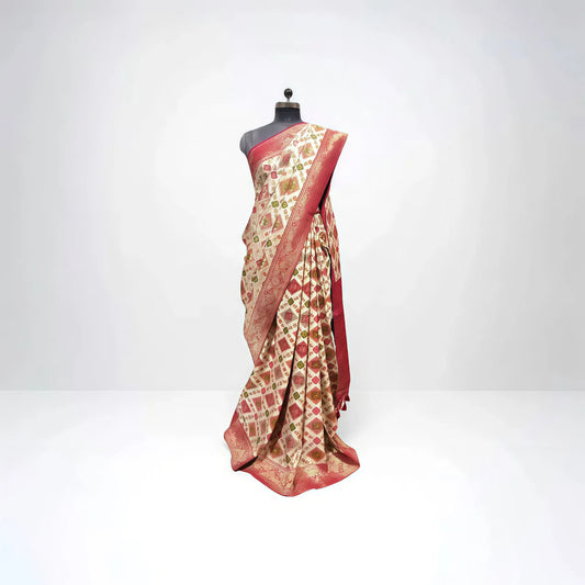 Cream Rangart Digital Print Saree with Maroon Zari Border – Multicolour Festive Weave - Anita Jain Fashions
