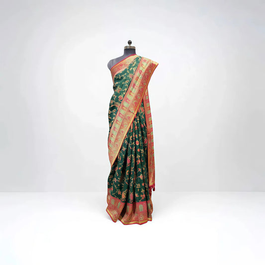 Bottle Green Kani Banarasi Digital Print Saree – Elephant & Floral Motifs - Anita Jain Fashions