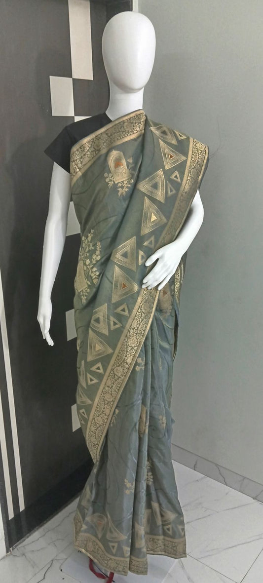 Grey Simar Tissue Saree with Floral Print and Zari Weaving, Includes Blouse Piece