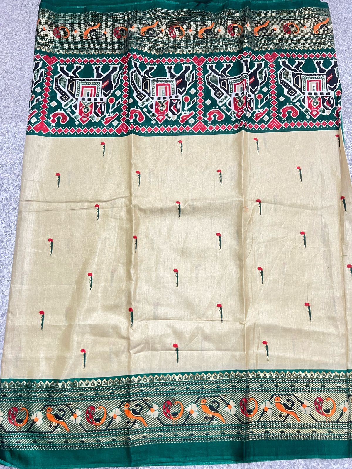 Beige Fancy Cotton Saree with Multicolor Tribal Pallu and Floral Border – Festive and Casual Saree