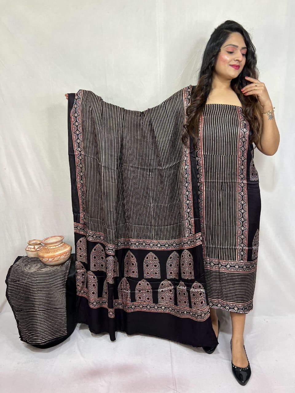 Pure Modal Silk Ajrakh hand Block Print With natural dying