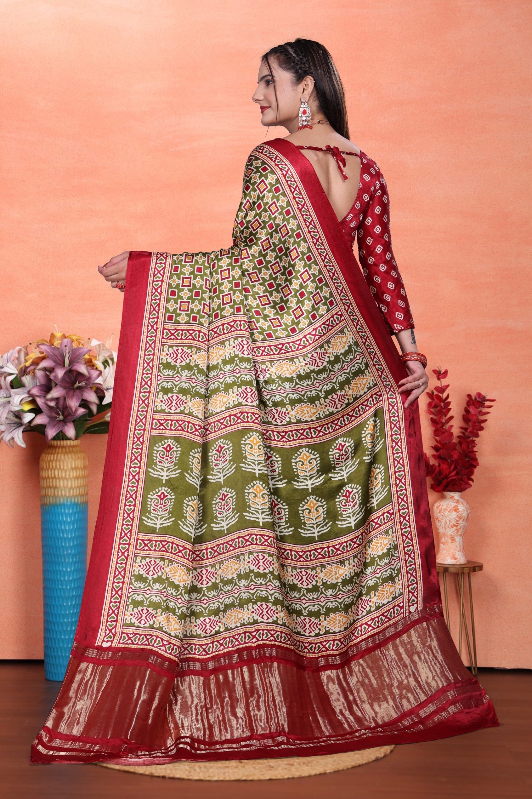 Red Green Gaji Silk Saree with Ajrakh Print and Contrast Border, Includes Blouse Piece