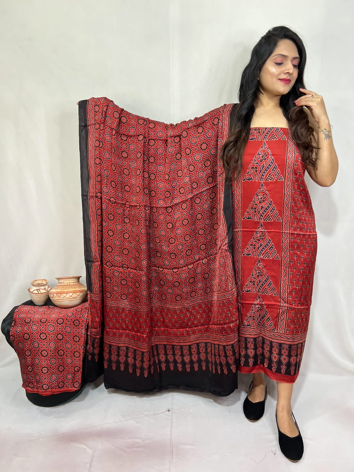 Red Modal Gajji Silk Bandhani Suit Set – Lagdi Patta & Black Border