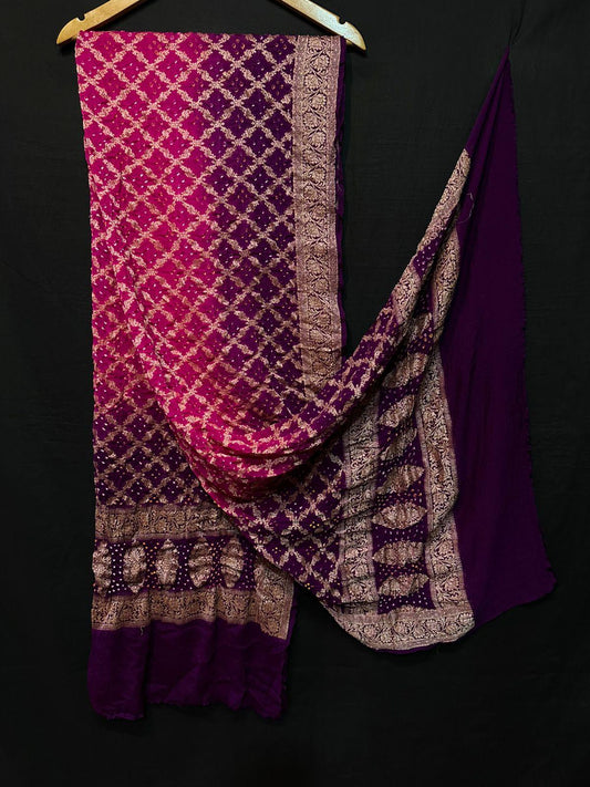 “Rani Pink to Wine Ombre Bandhani Modaal Gajji Silk Suit with Golden Lagdi Patta Dupatta – Anita Jain Fashions”