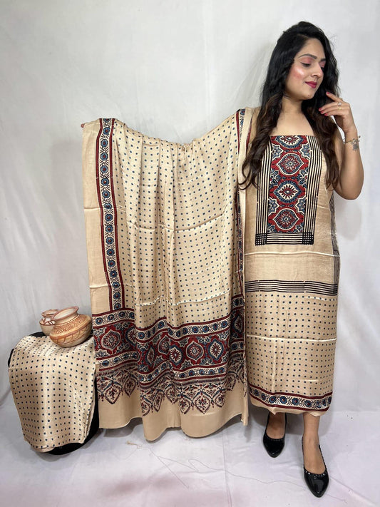 Cream Modal Gajji Silk Bandhani Suit Set – Lagdi Patta with Red-Black Ajrakh Border