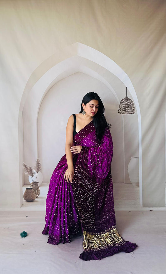 Modal Gajji Silk Hand Bandhani Saree in Wine with Light and Dark Color Contrast