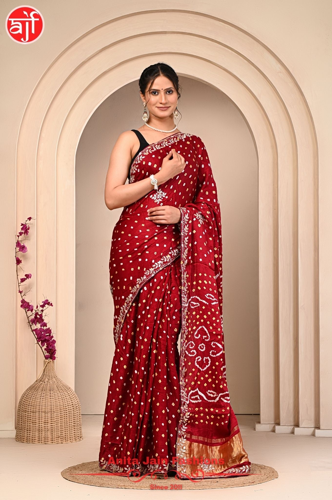 Modal Gajji Silk Saree with Cut Work, Bandhani, and Gota Patti Design