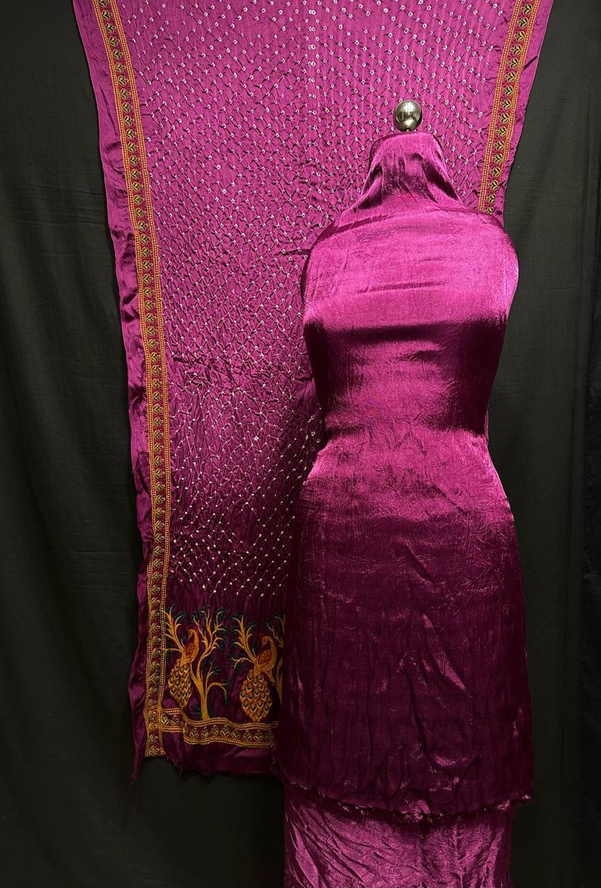 "Magenta Modaal Gajji Silk 3-piece suit set with embroidered Bandhani dupatta – Anita Jain Fashions""Magenta Modaal Gajji Silk 3-piece suit set with embroidered Bandhani dupatta – Anita Jain Fashions"
