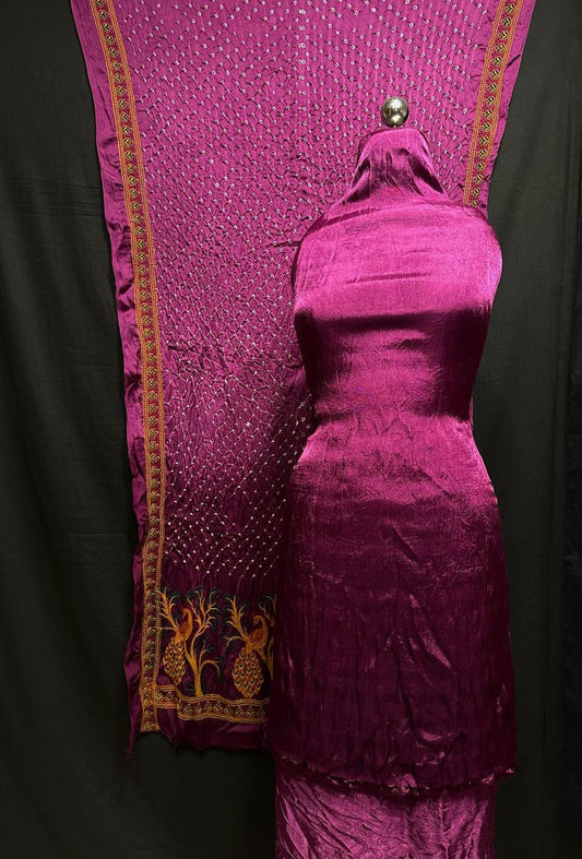 "Magenta Modaal Gajji Silk 3-piece suit set with embroidered Bandhani dupatta – Anita Jain Fashions""Magenta Modaal Gajji Silk 3-piece suit set with embroidered Bandhani dupatta – Anita Jain Fashions"