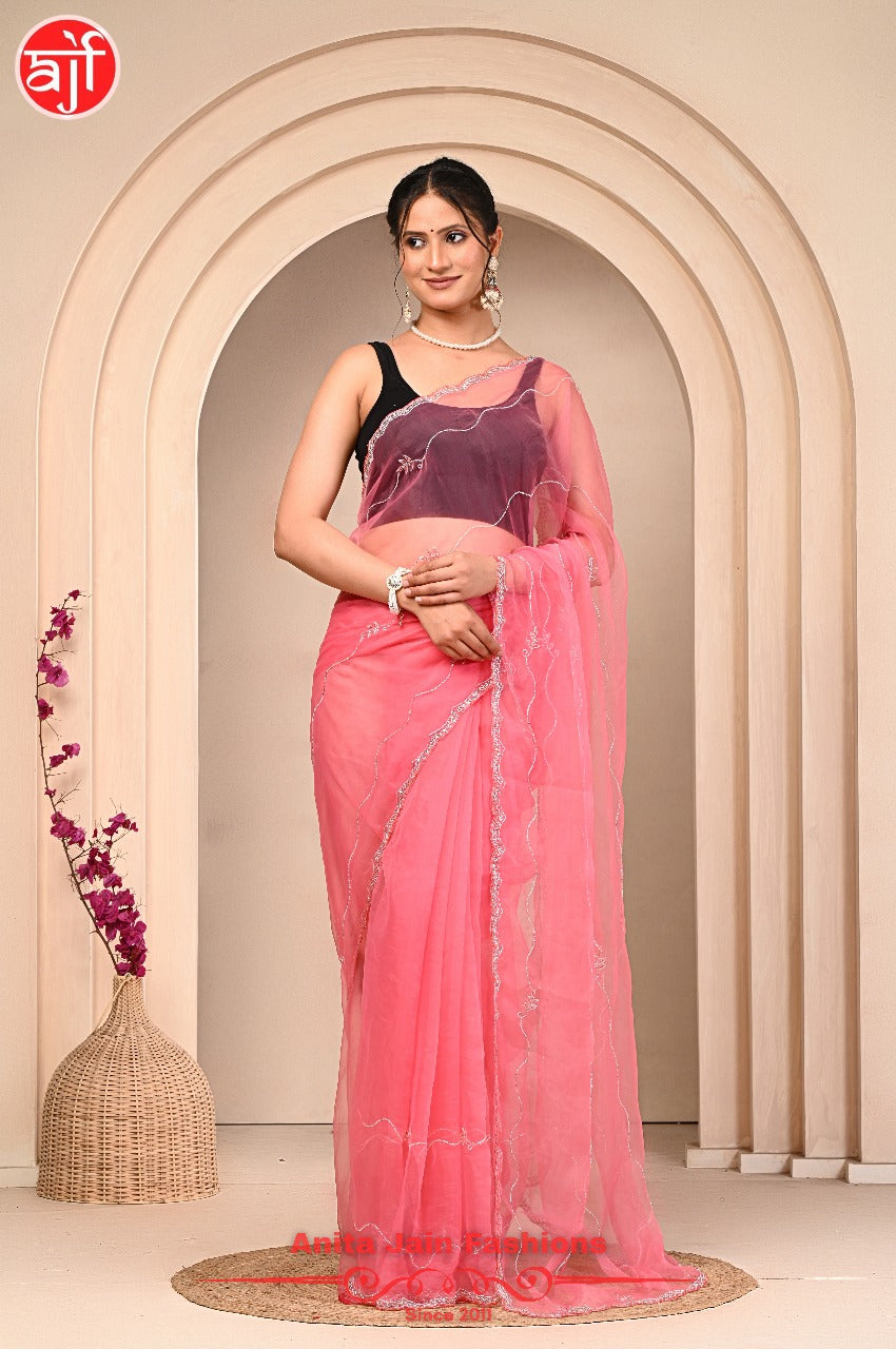 Light Pink Tissue Organza Saree with Calcutta Work and Cut Dana Design, Includes Blouse Piece