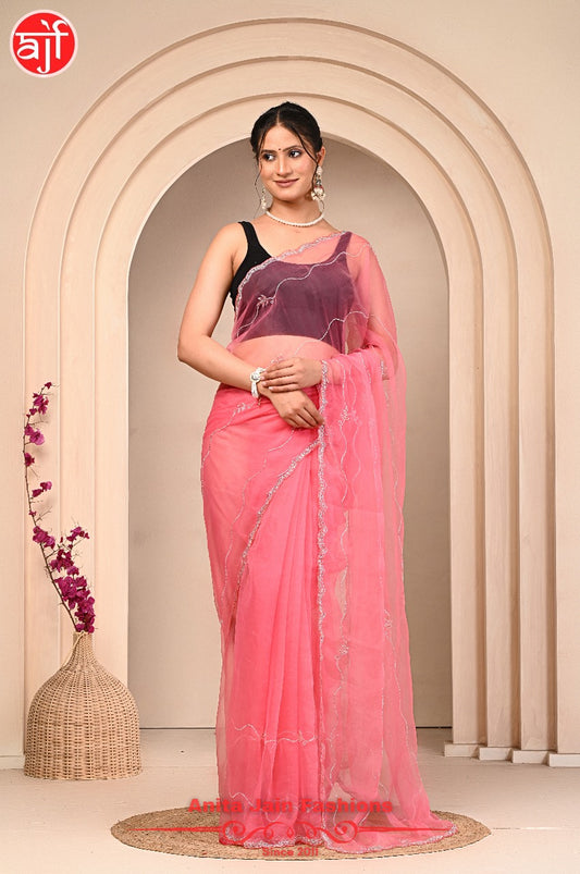 Light Pink Tissue Organza Saree with Calcutta Work and Cut Dana Design, Includes Blouse Piece