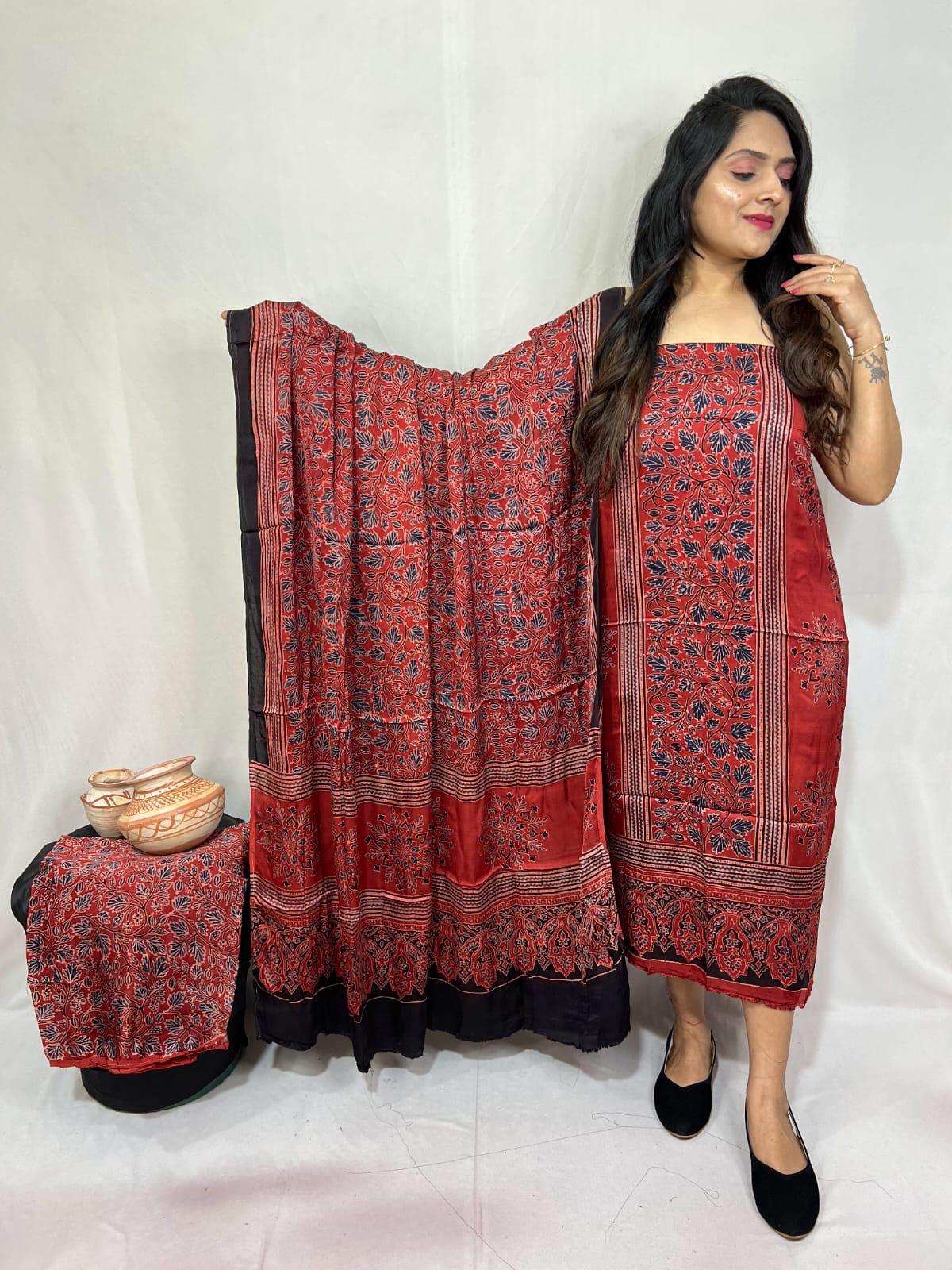 "Rust Maroon Modal Gajji Silk Suit Set with Floral Lagdi Patta and Dupatta"