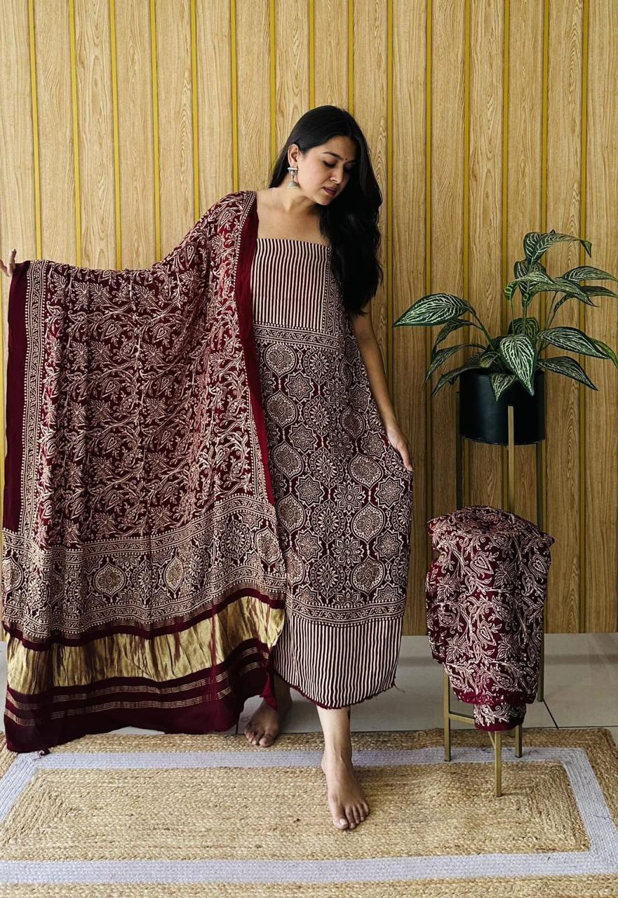 “Maroon Modaal Gajji Silk Bandhani Suit Set with hand-tied motifs and golden Lagdi Patta dupatta – Anita Jain Fashions”