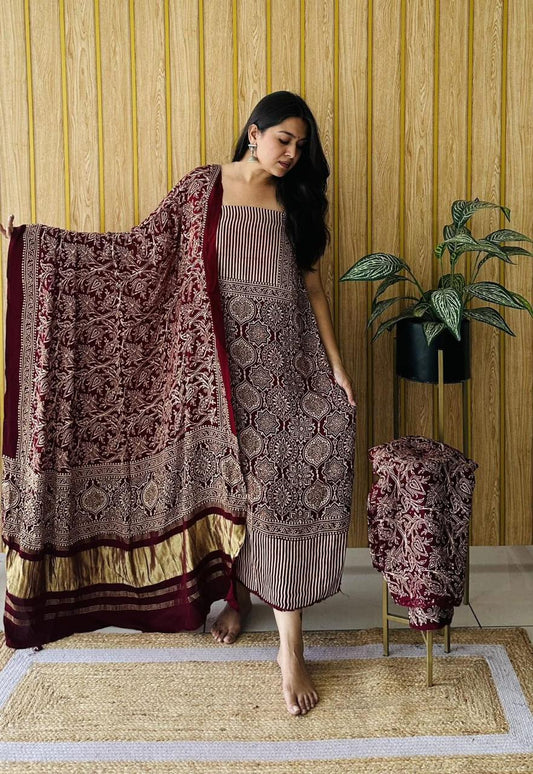 “Maroon Modaal Gajji Silk Bandhani Suit Set with hand-tied motifs and golden Lagdi Patta dupatta – Anita Jain Fashions”