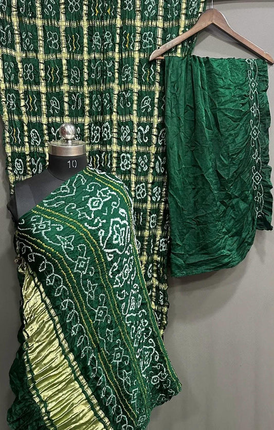 “Green Bandhani Modaal Gajji Silk suit set with gold Lagdi Patta dupatta – Anita Jain Fashions”
