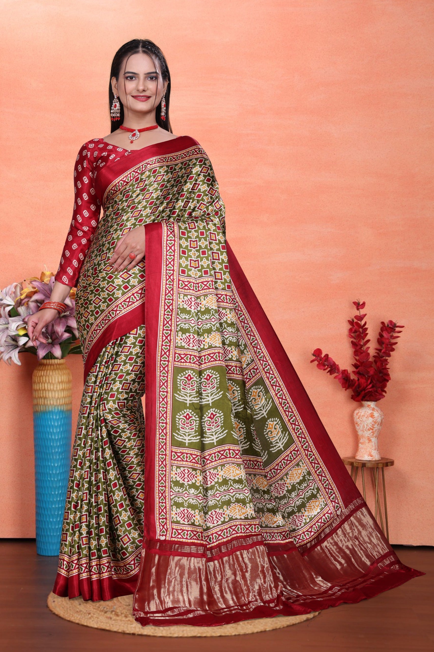 Red Green Gaji Silk Saree with Ajrakh Print and Contrast Border, Includes Blouse Piece