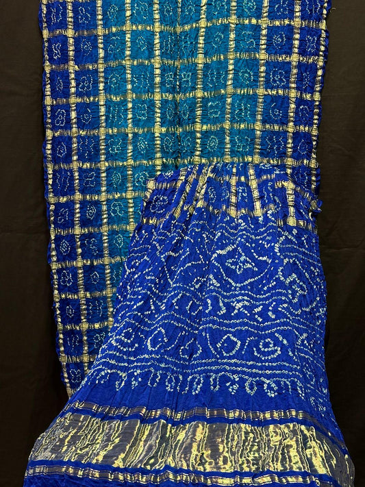 “Royal Blue and Teal Bandhani Suit in Modaal Gajji Silk with golden Lagdi Patta dupatta – Anita Jain Fashions”