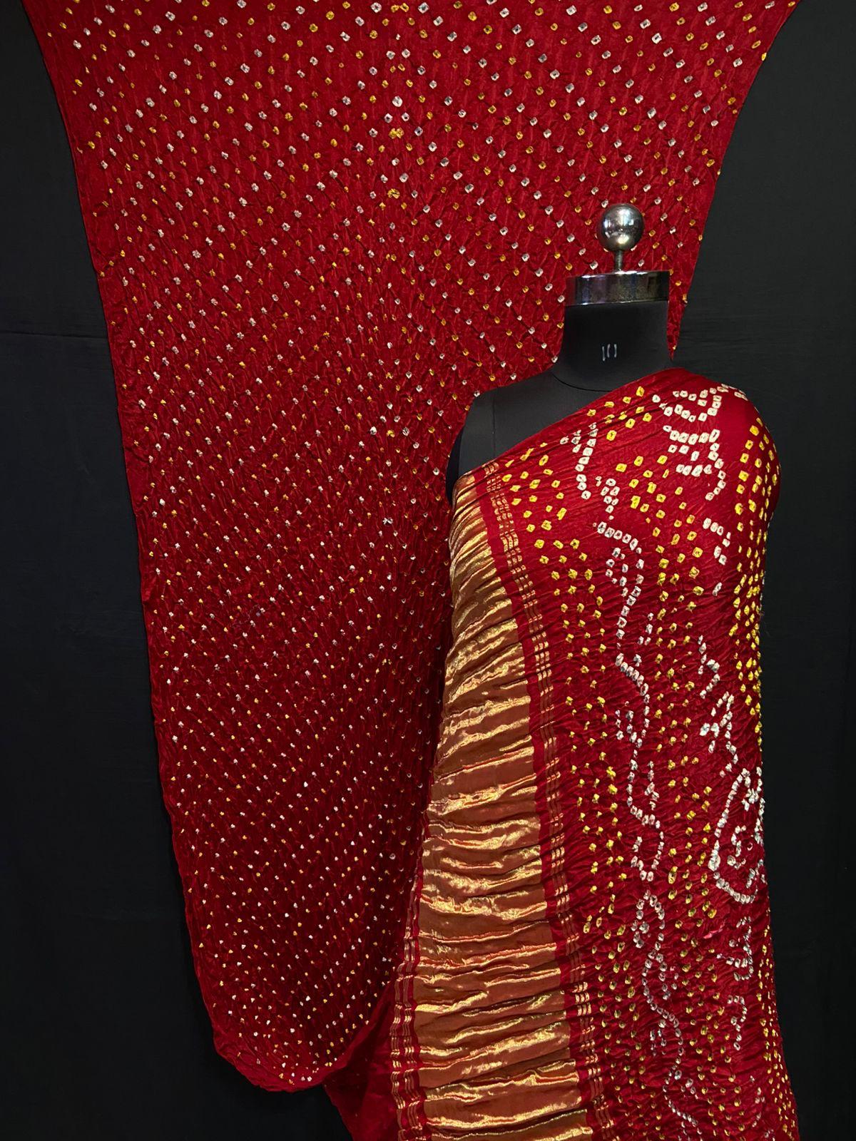 Red Bandhej Gajji Silk Lagdi Patta Saree