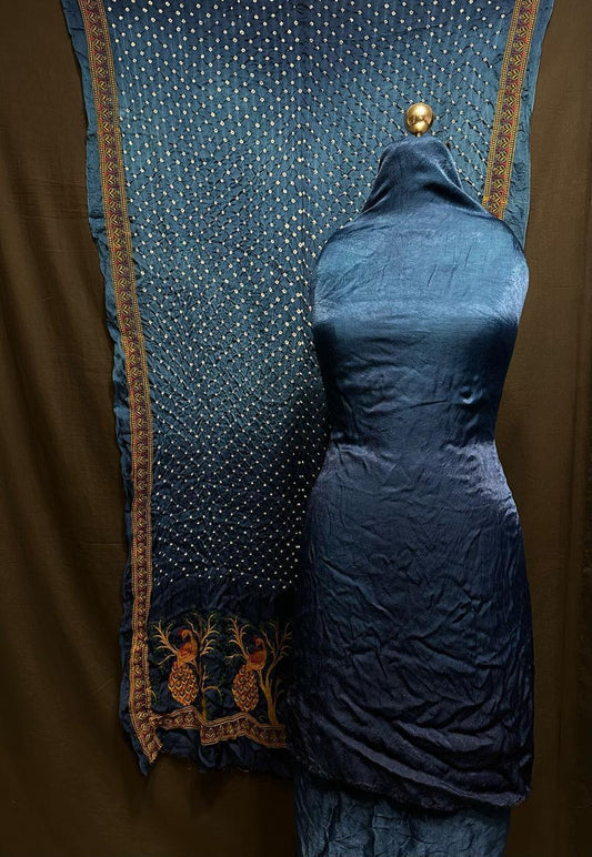 "Midnight Blue Modaal Gajji Silk suit set with hand Bandhani and pineapple embroidery dupatta – Anita Jain Fashions""Midnight Blue Modaal Gajji Silk suit set with hand Bandhani and pineapple embroidery dupatta – Anita Jain Fashions"