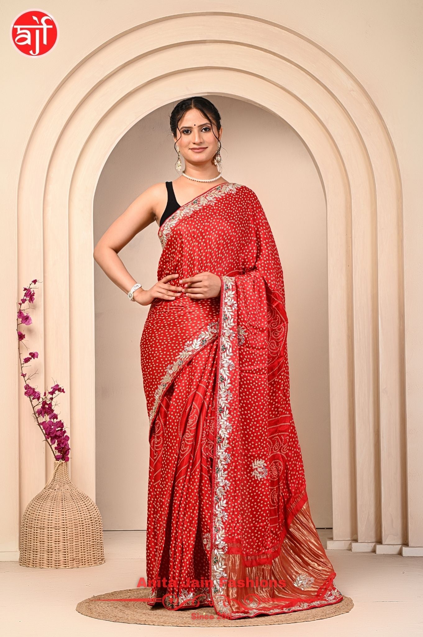 Red Modal Gajji Silk Saree with Cut Work, Bandhani, and Gota Patti Detailing