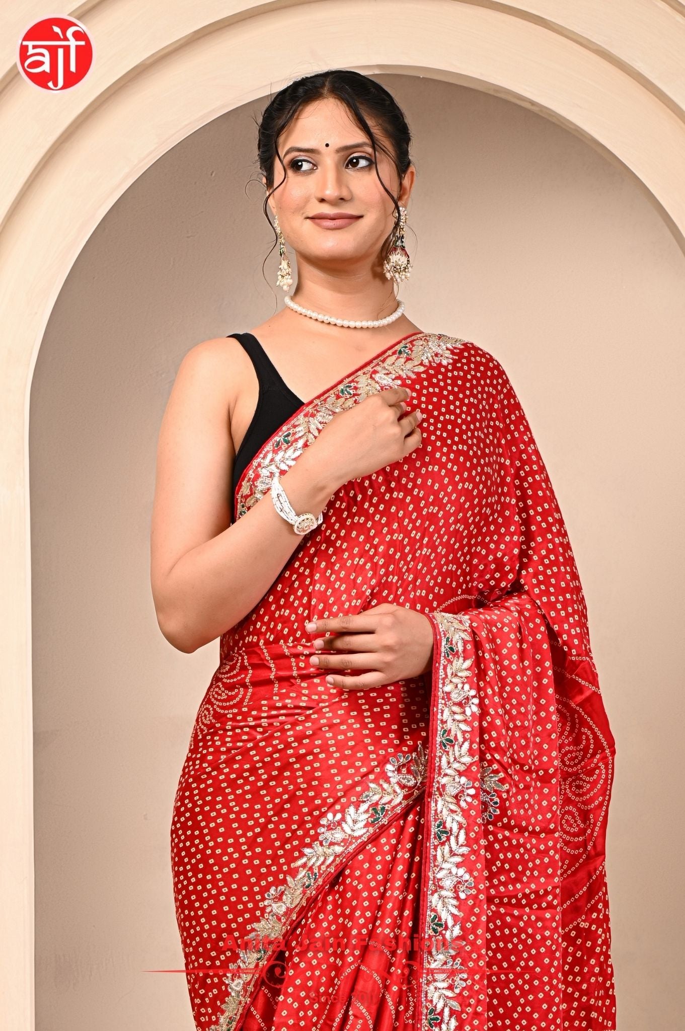 Red Modal Gajji Silk Saree with Cut Work, Bandhani, and Gota Patti Detailing