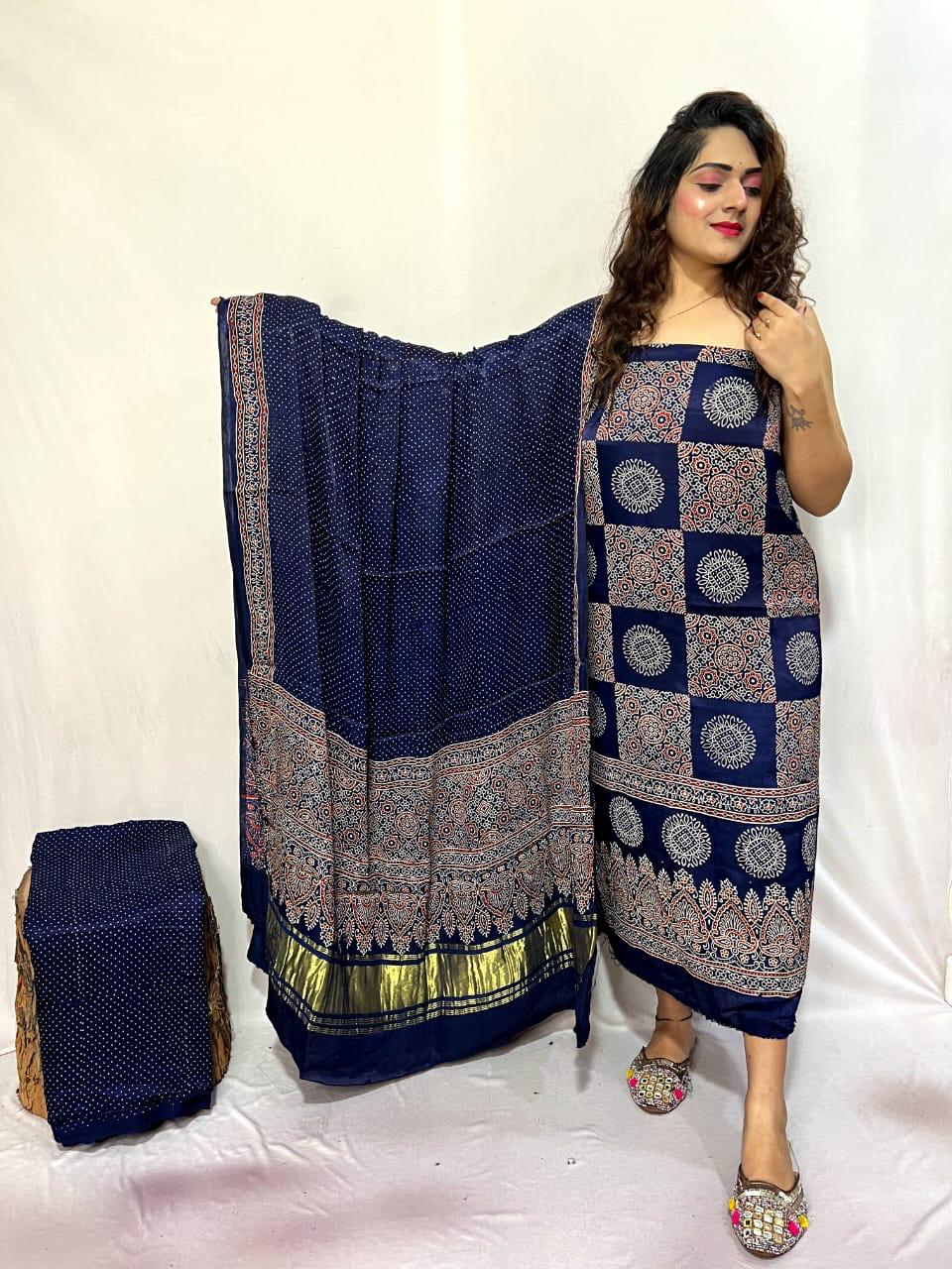 “Navy Blue Modaal Gajji Bandhani Suit with Lagdi Patta Dupatta – Anita Jain Fashions”