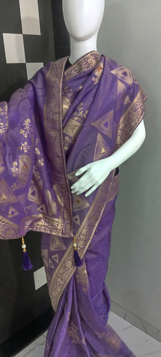 Lavender Simer Tissue Saree with Zari Weaving and Floral Print, Includes Blouse Piece