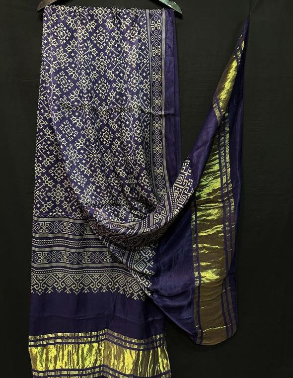 "Purple Modaal Gajji Silk Bandhani Suit Set with Golden Zari Lagdi Patta Dupatta for Women"