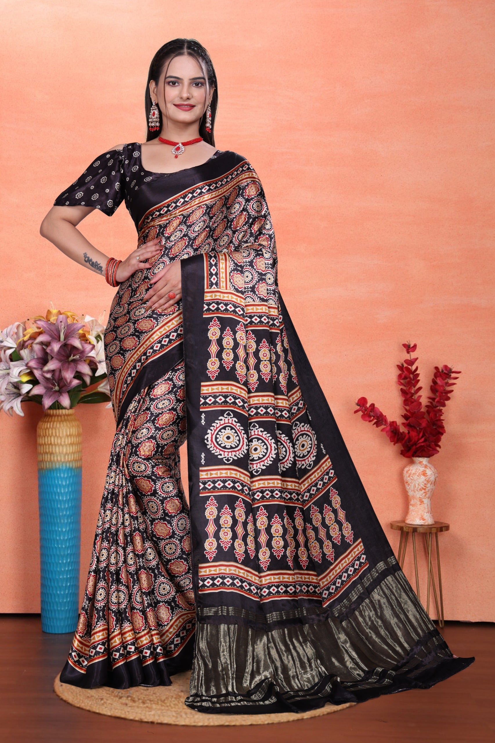 Black Gaji Silk Saree with Ajrakh Print and Contrast Border, Includes Blouse Piece