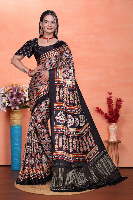 Black Gaji Silk Saree with Ajrakh Print and Contrast Border, Includes Blouse Piece