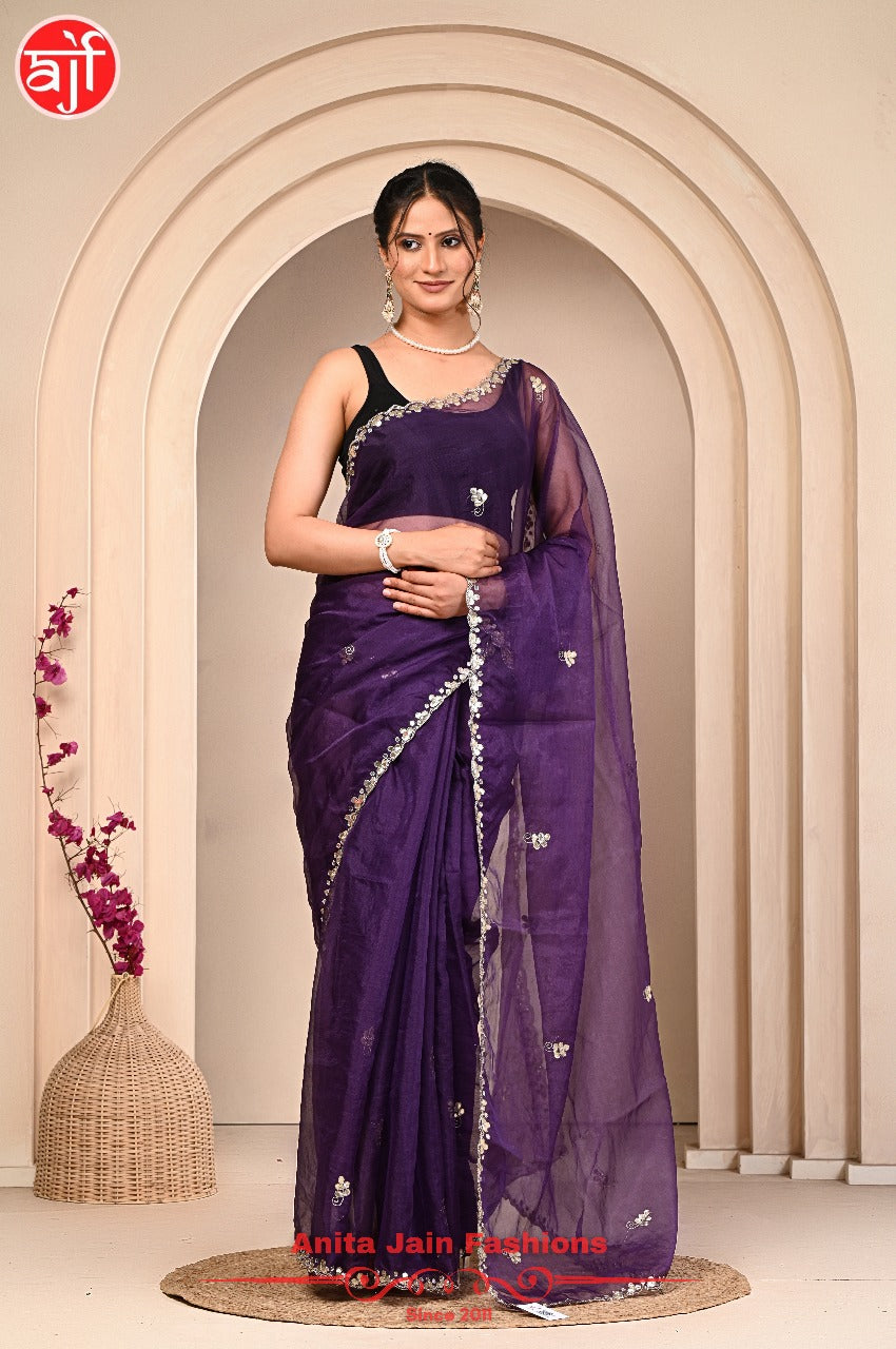 Purple Tissue Organza Fabric with Cut Work and Gota Patti Design for Sarees or Blouses