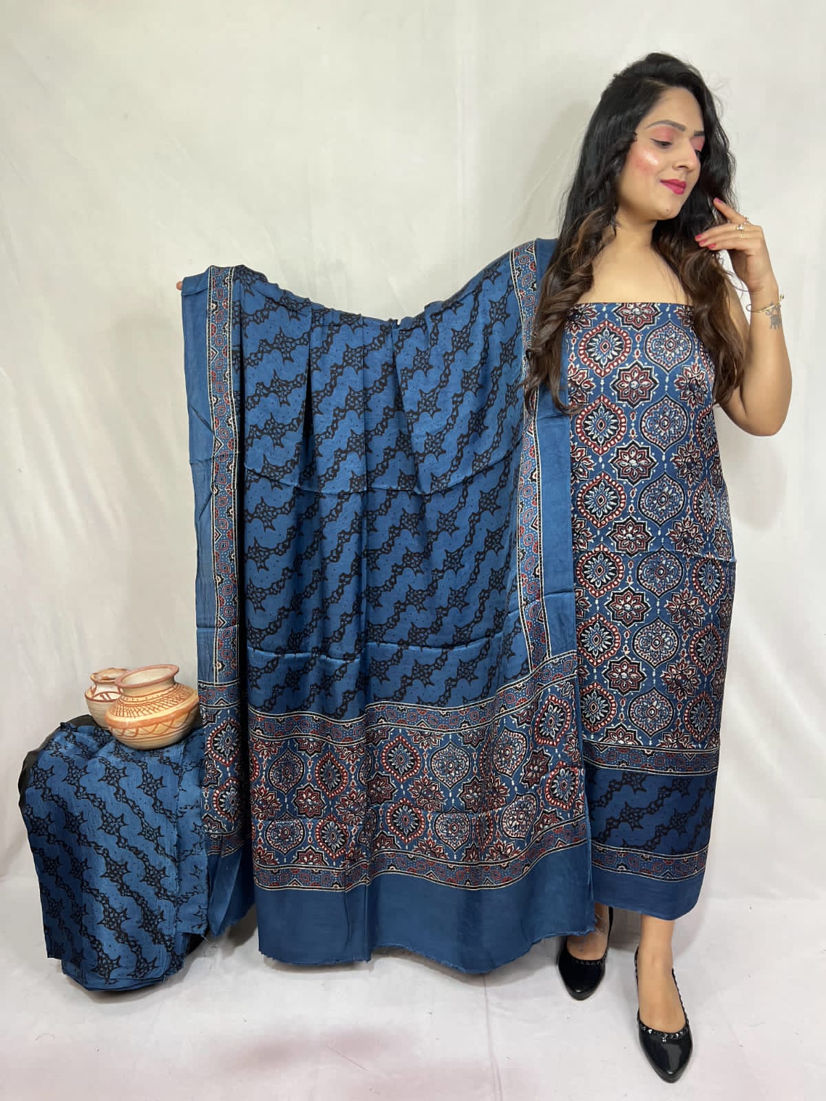 Blue Modal Gajji Silk Bandhani Suit Set – Lagdi Patta Pattern