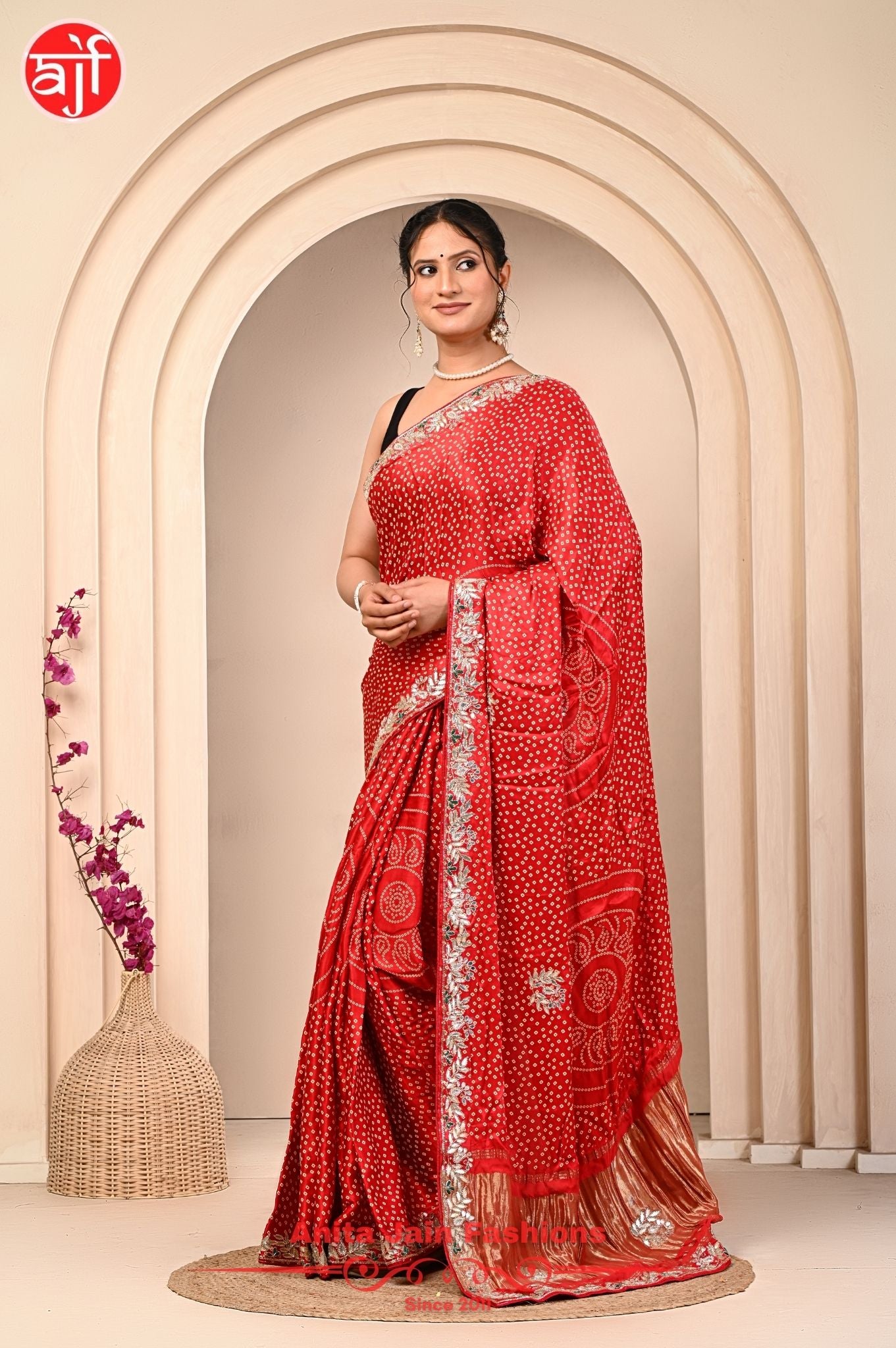 Red Modal Gajji Silk Saree with Cut Work, Bandhani, and Gota Patti Detailing