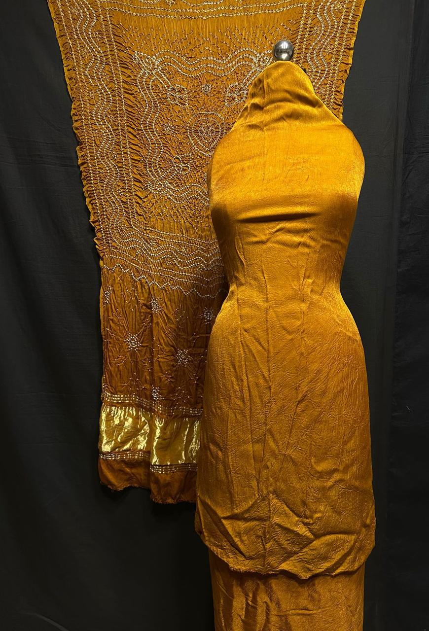 "Mustard Yellow Modaal Gajji silk suit set with hand Bandhani and Lagdi Patta dupatta – Anita Jain Fashions"