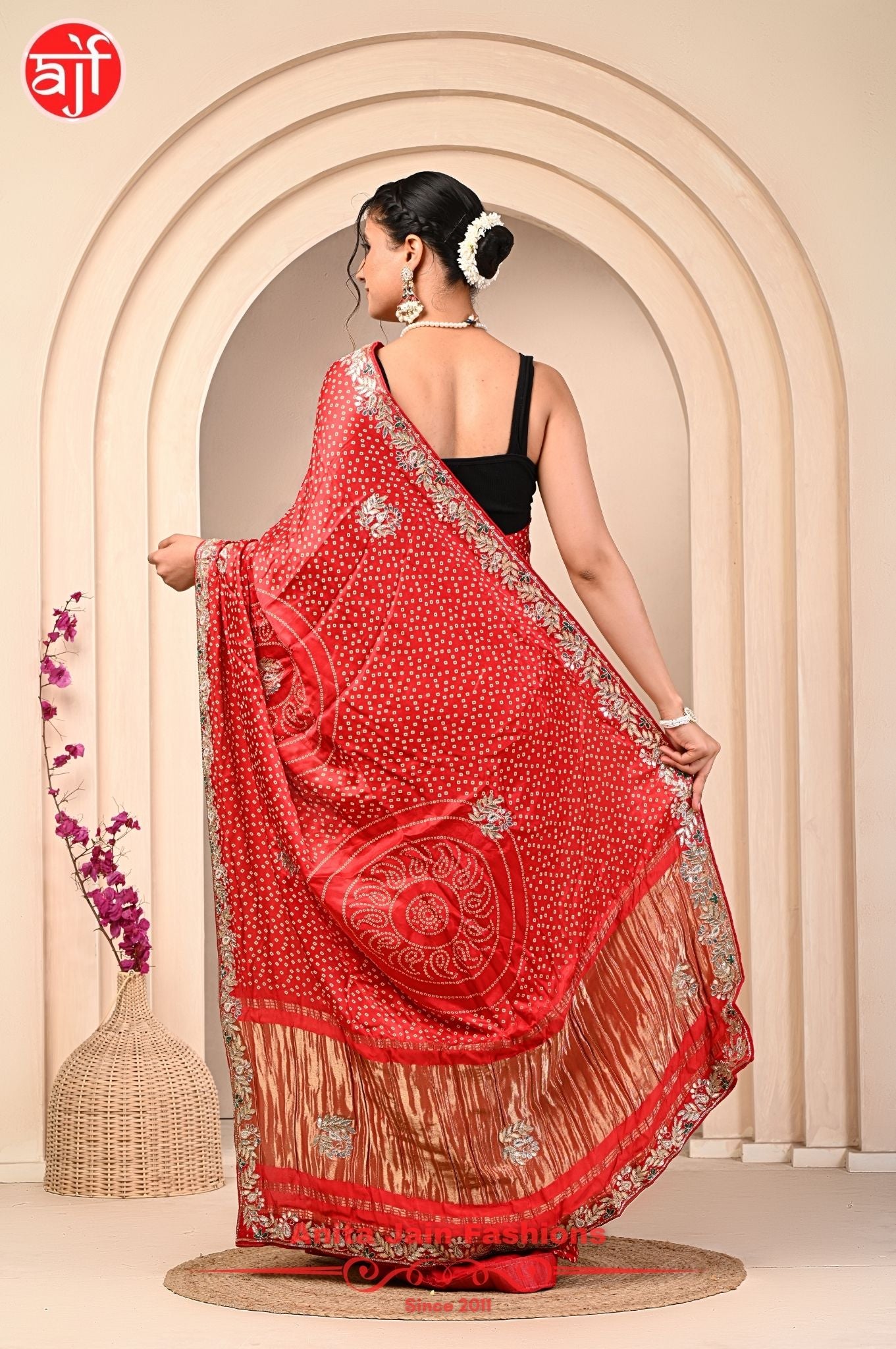 Red Modal Gajji Silk Saree with Cut Work, Bandhani, and Gota Patti Detailing