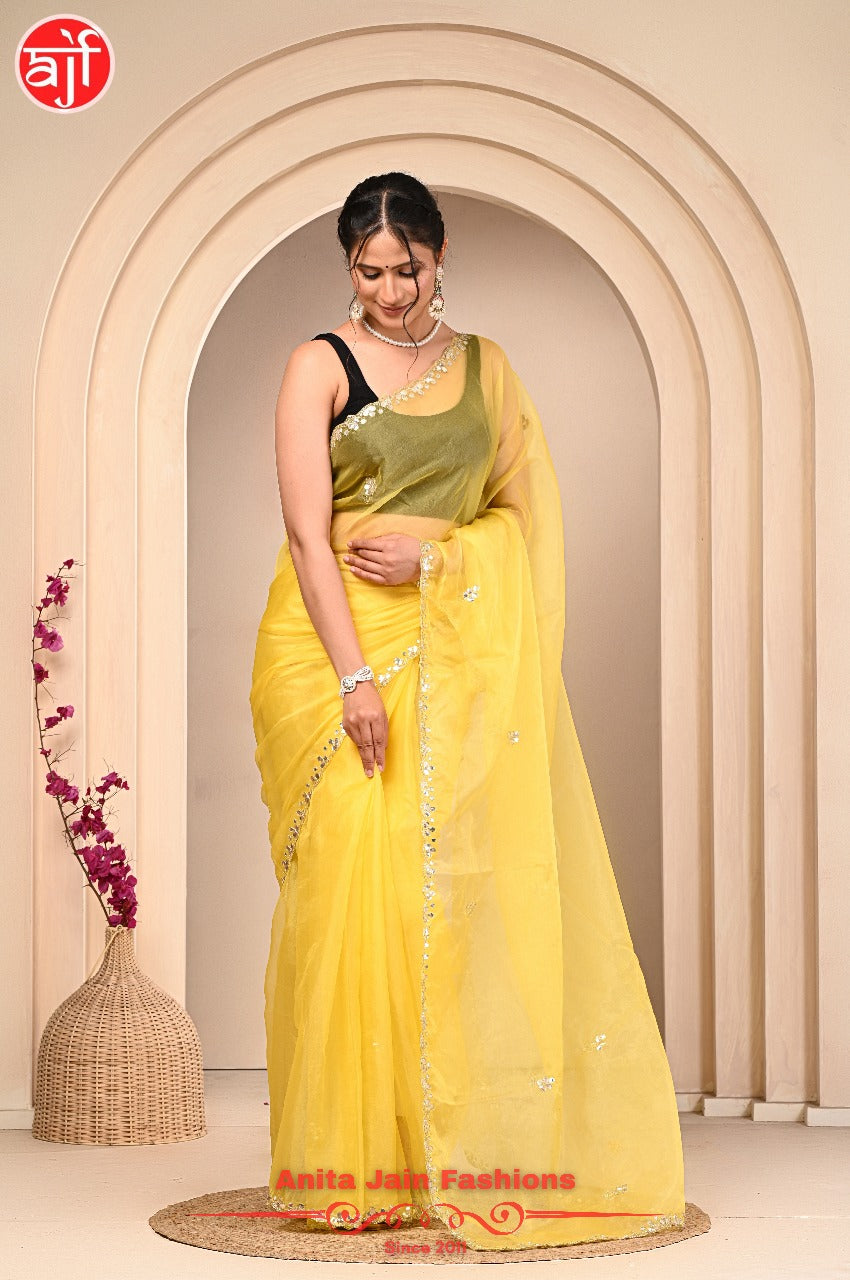 Yellow Tissue Organza Saree with Cut Work and Gota Patti Border