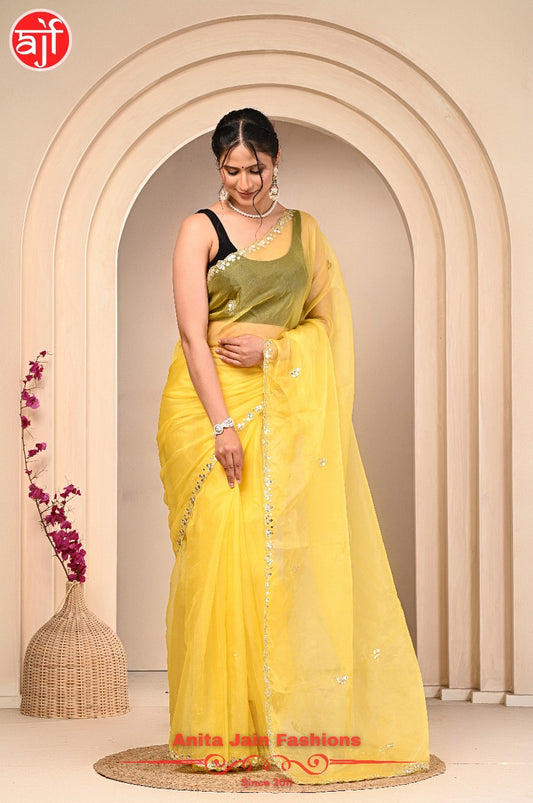 Yellow Tissue Organza Saree with Cut Work and Gota Patti Border