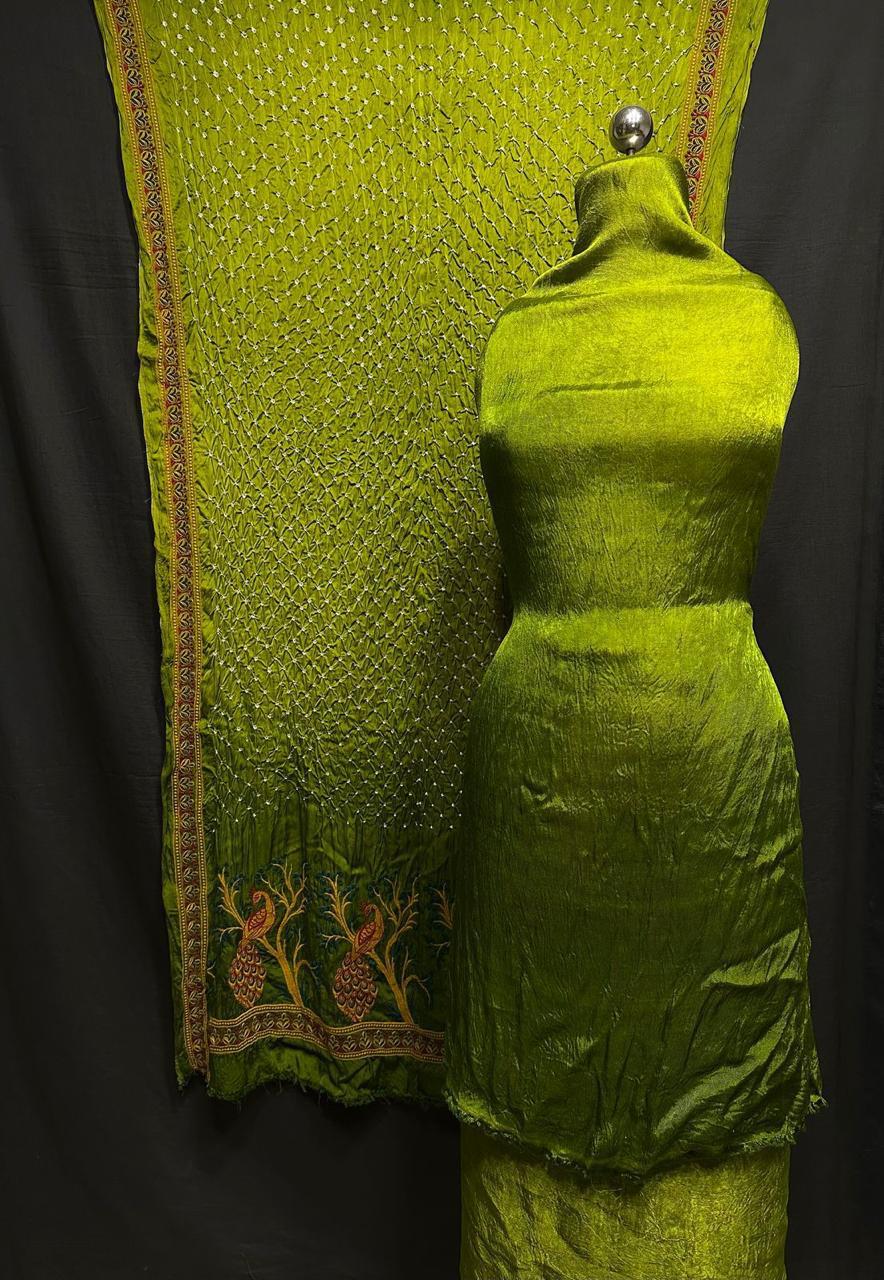 "Parrot Green Modaal Gajji Silk suit set with embroidered Bandhani dupatta – Anita Jain Fashions""Parrot Green Modaal Gajji Silk suit set with embroidered Bandhani dupatta – Anita Jain Fashions"