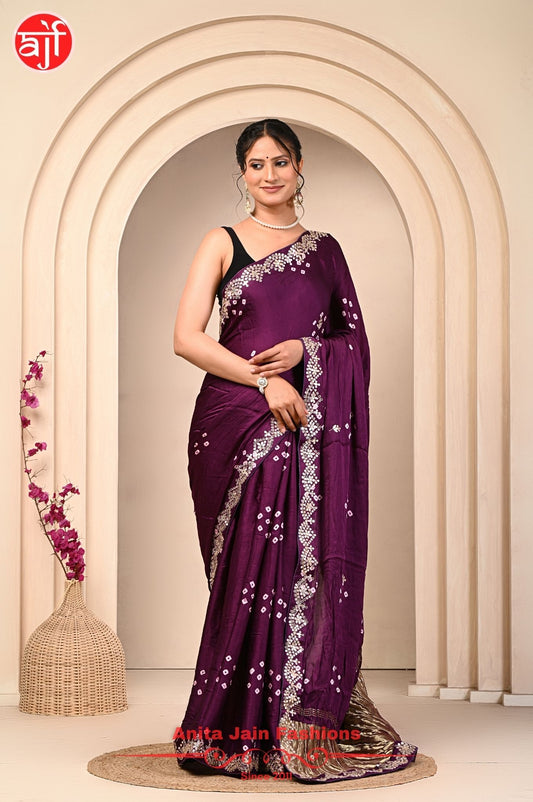 Modal Gajji Silk Saree with Cut Work and Bandhani Design, Includes Blouse Piece