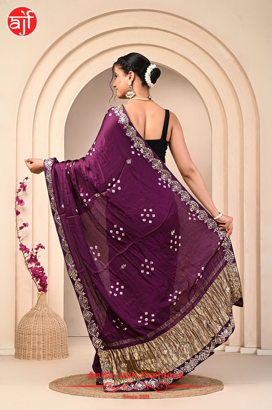 Modal Gajji Silk Saree with Cut Work and Bandhani Design, Includes Blouse Piece