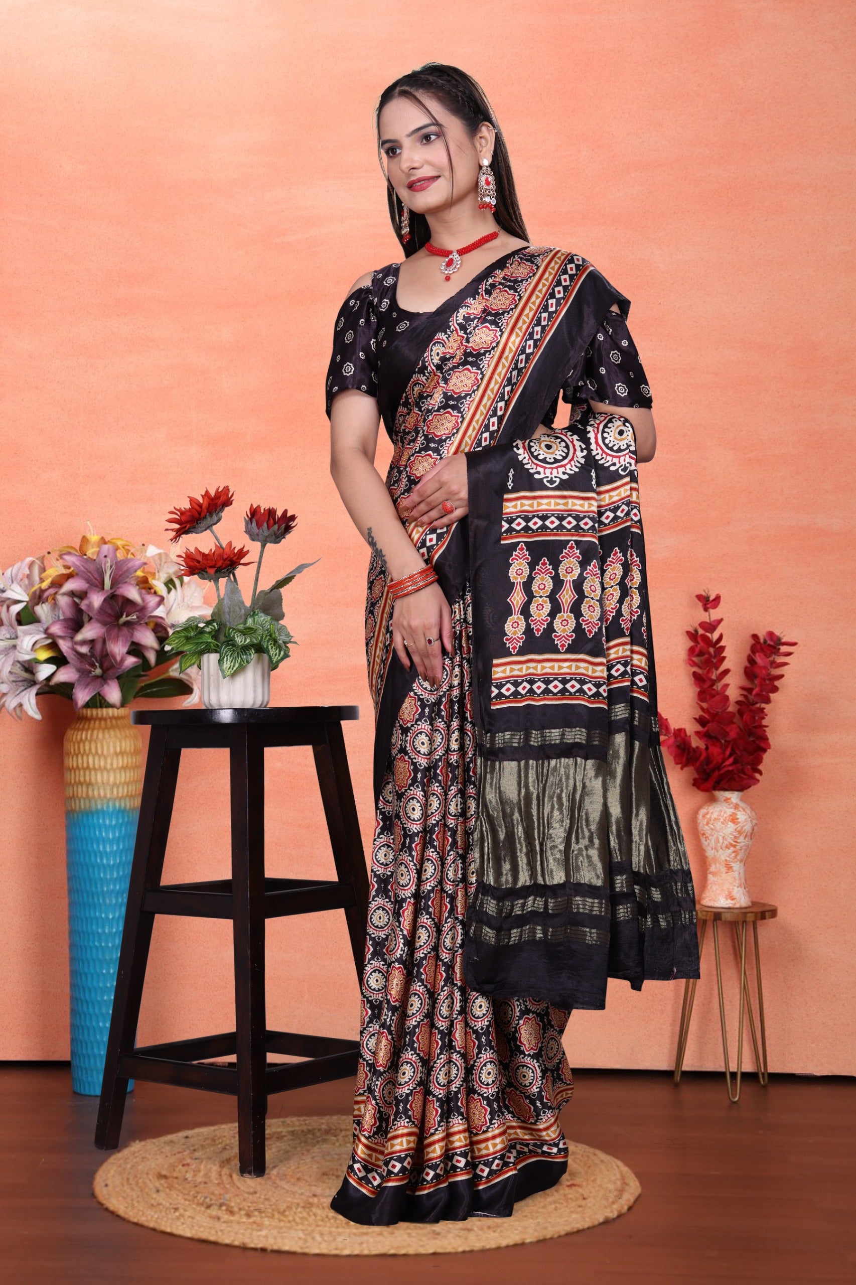 Black Gaji Silk Saree with Ajrakh Print and Contrast Border, Includes Blouse Piece