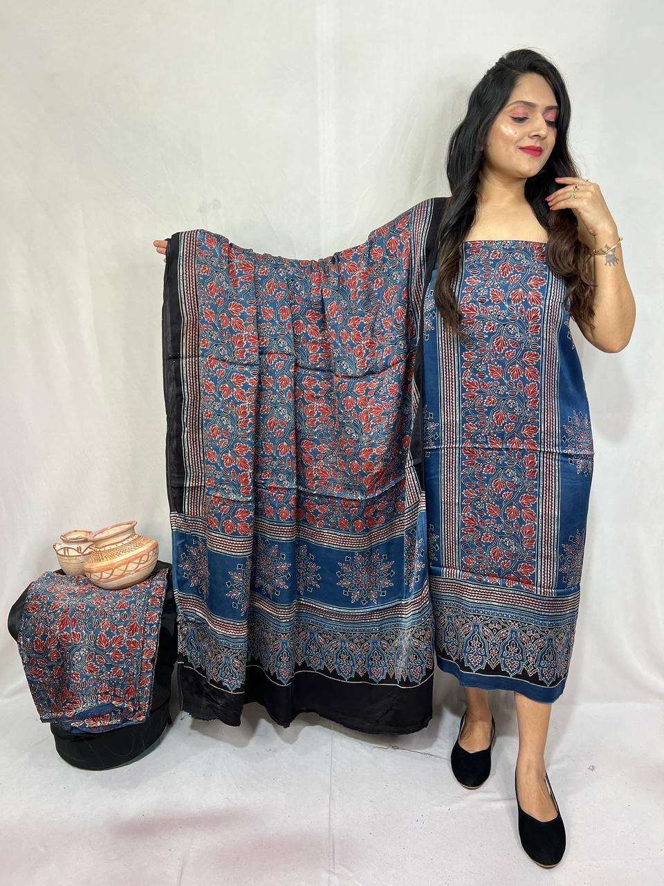 Pure Modal Silk Ajrakh hand Block Print With natural dying